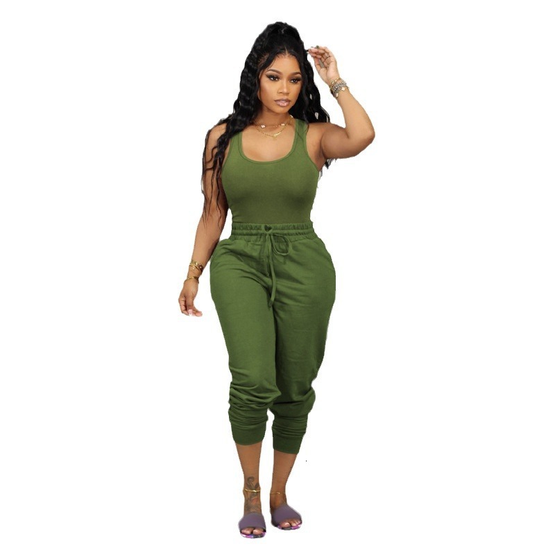 F1357 New Womens Fashion Casual Solid Color Vest and Sweatpants Set