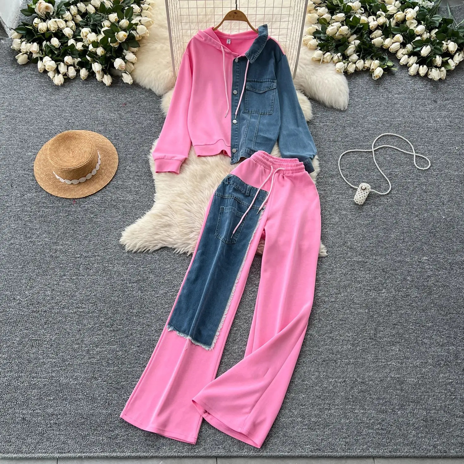 Pant Set Women Two Piece Sets Hooded Matching Casual Loose Tops Wide Leg Long Pants Elastic Waist Lace Up Splice Denim 250730