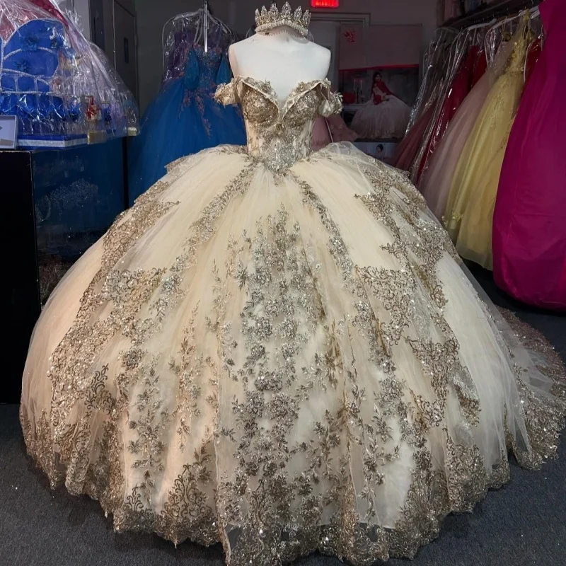 Champagne Shiny Quinceanera Dresses Off The Shoulder Applique Lace Beads Tulle Party Birthday Vestidos De 15 Anos Sweet 16 Dress