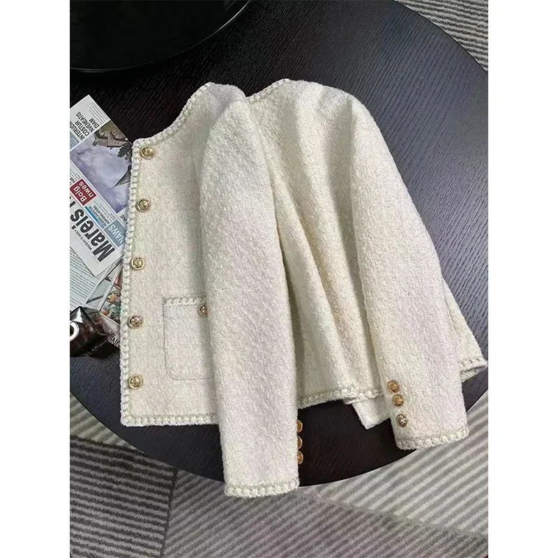 Fashion Cropped Tweed Jacket Women Vintage Elegant Coat Korean Single Breasted Blazer Ladies All Match Chic Short Outerwear Tops 250730