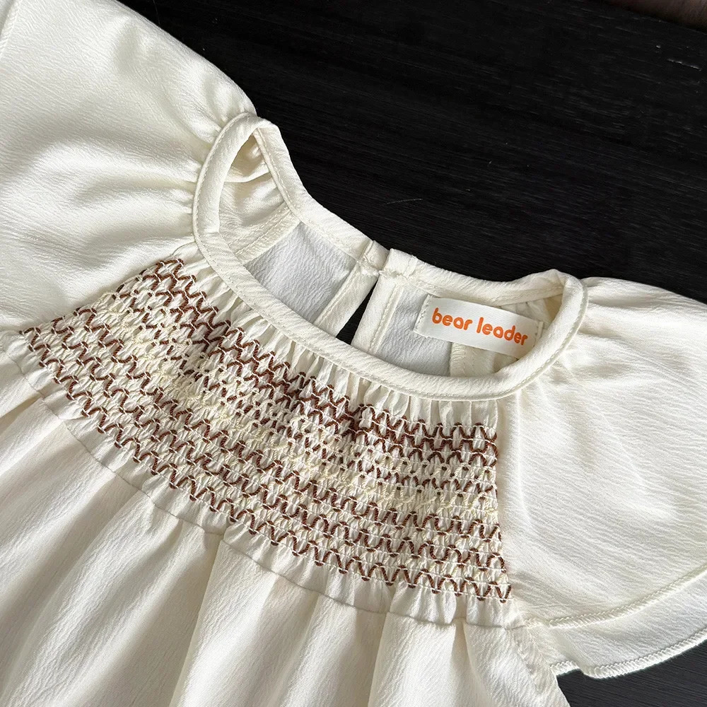 Summer Solid Color Girls Suit Korean Version Double Layered Flying Sleeve Wave Embroidered TopPants Set for 3-7 Year Old 250729