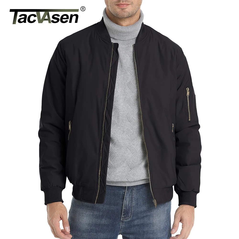TACVASEN Mens Classic Bomber Jacket Autumn Thick Warm Orange Lining Full Zip Up Windproof Casual Padded Flight Pilot Jackets 250730