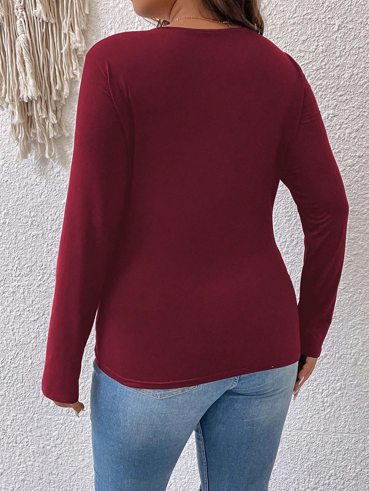 Plus Size Womens Cross Front Loop Detail TShirt Deep V Neck Onepiece Shirt Top Polyester Solid Colors 250729