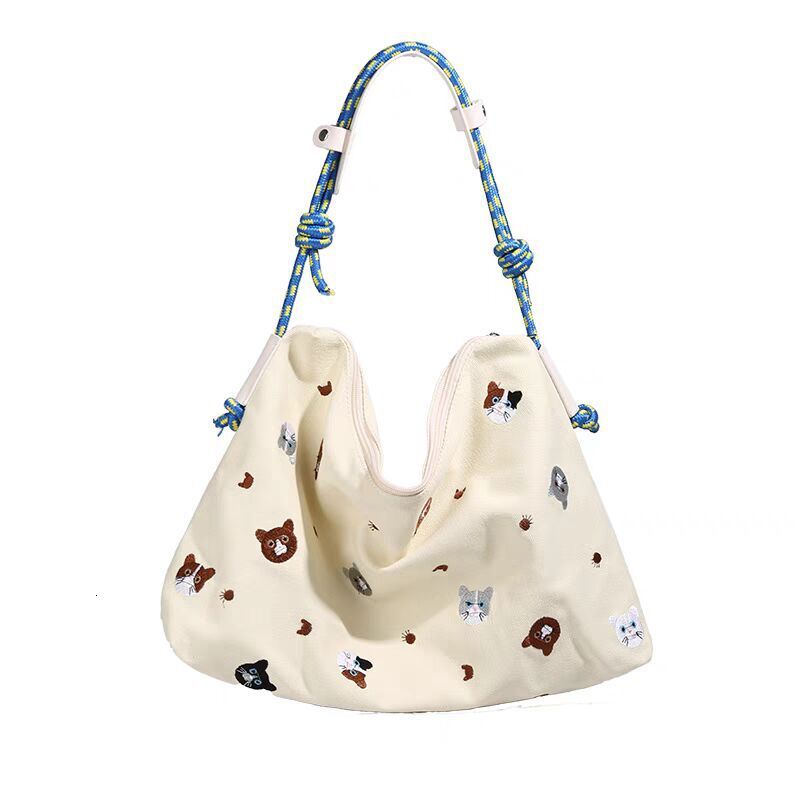 Summer New Women's Shoulder Bag Embroidered Cat Pattern Handbag New Art Cute Portable Canvas Bag New Designer Bag New Designer Luxury Handbag