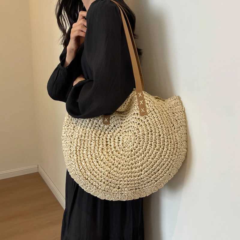 Women Boho Woven Handbag Summer Beach Tote Straw Bag Round Rattan Shoulder Bag G250729