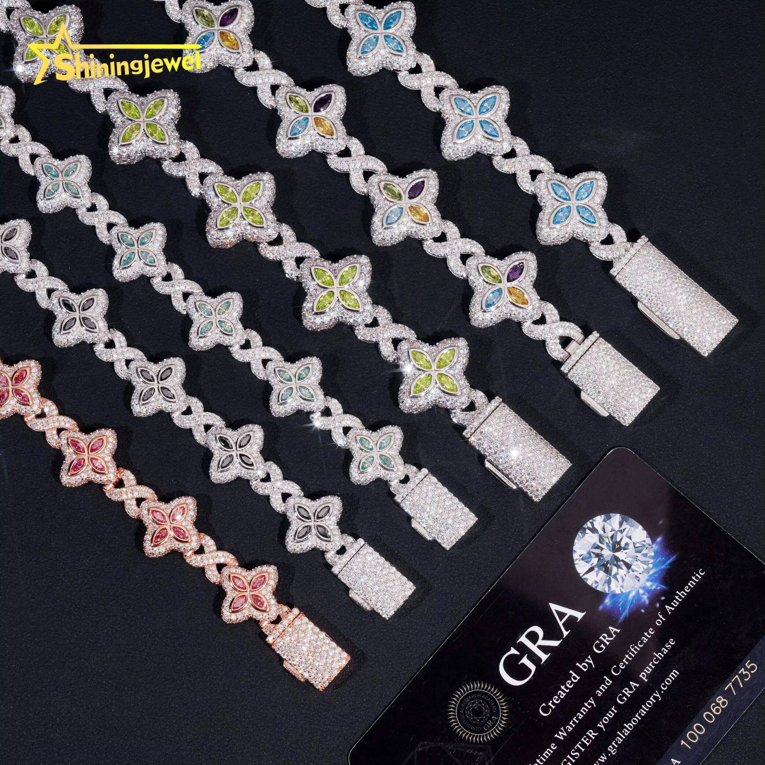 Hot Sale Fine Jewelry Hip Hop Color Diamond 925 Sterling Silver Iced Out Clover Moissanite Bracelet