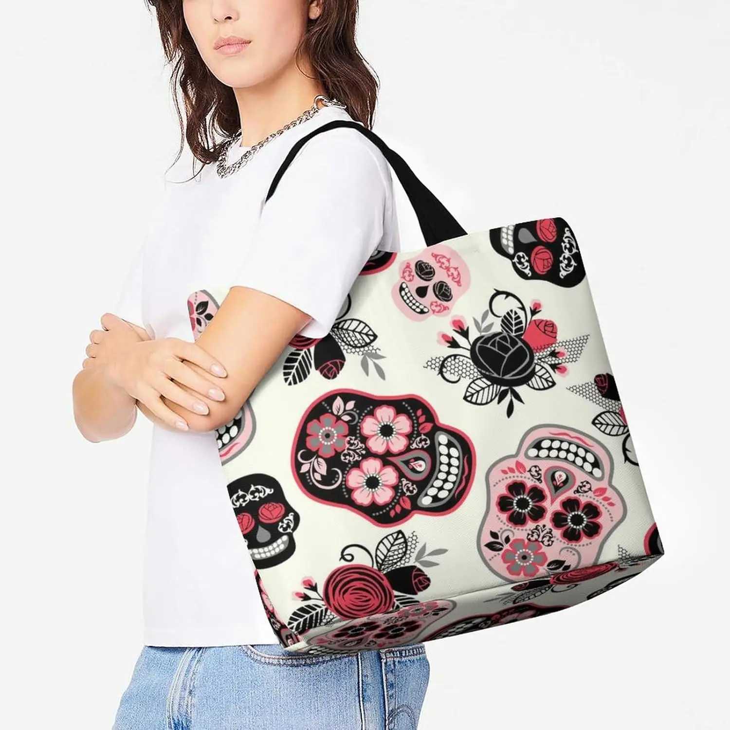 Women Soft Handbag Large Capacity Fashion Beach Tote Shoulder Bag Dia De Los Muertos Day Of The Dead Skull Floral G250729