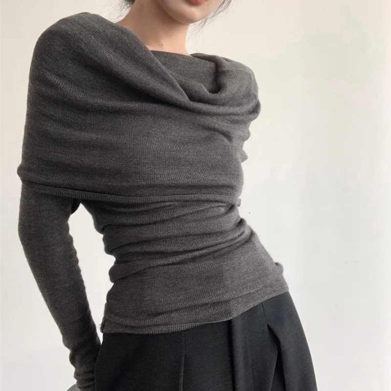 Autumn Women Long Sleeve Knitted Top Gray One Shoulder Sexy Y2k Women Sweater Winter Slim Solid Pullover Knitwear 250723