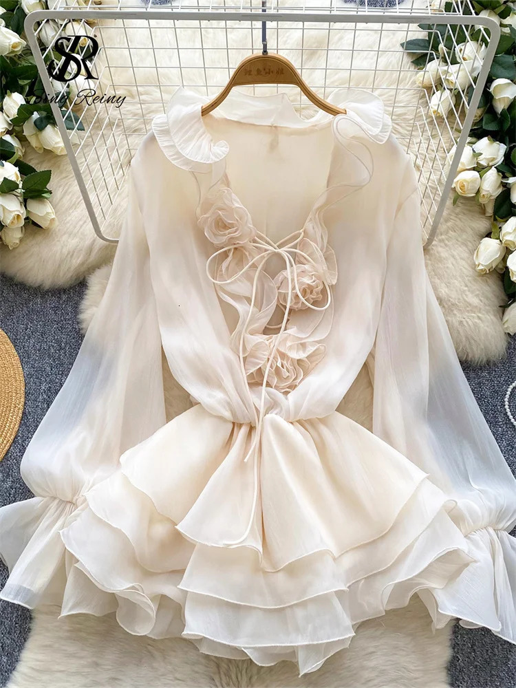 SINGREINY 3D Floral Beach Short Dress Female Long Sleeves Lace Up Ruffle Chiffon Cake Sundress Sheer Sexy Vintage Bohemian Dress 250730