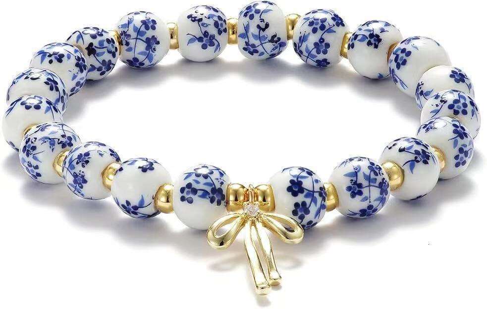 MAMA Other Letters Blue and White Porcelain Gold Beads Elastic Beaded Bracelet