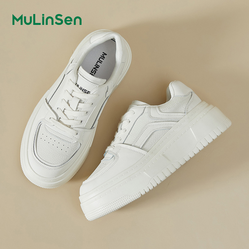 Mulinsen thick-soled white shoes for women 2025 new ins trendy all-match genuine leather platform shoes lightweight bread shoes casual sneakers