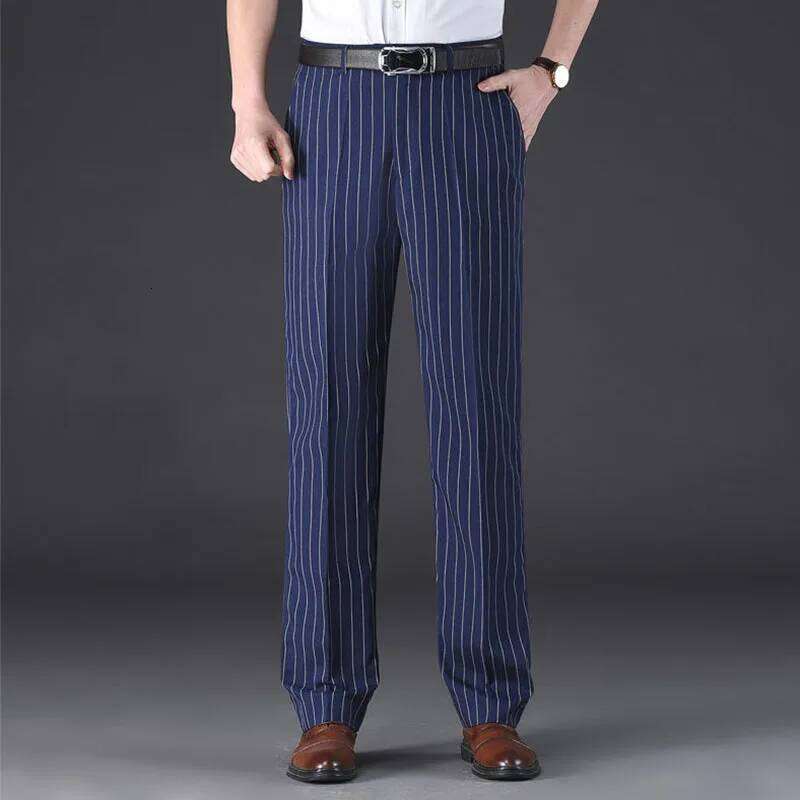 England Style New Men Casual Summer Thin Straight Anti-Wrinkle Striped Trousers Loose Business Vintage Cootrast Color Suit Pants