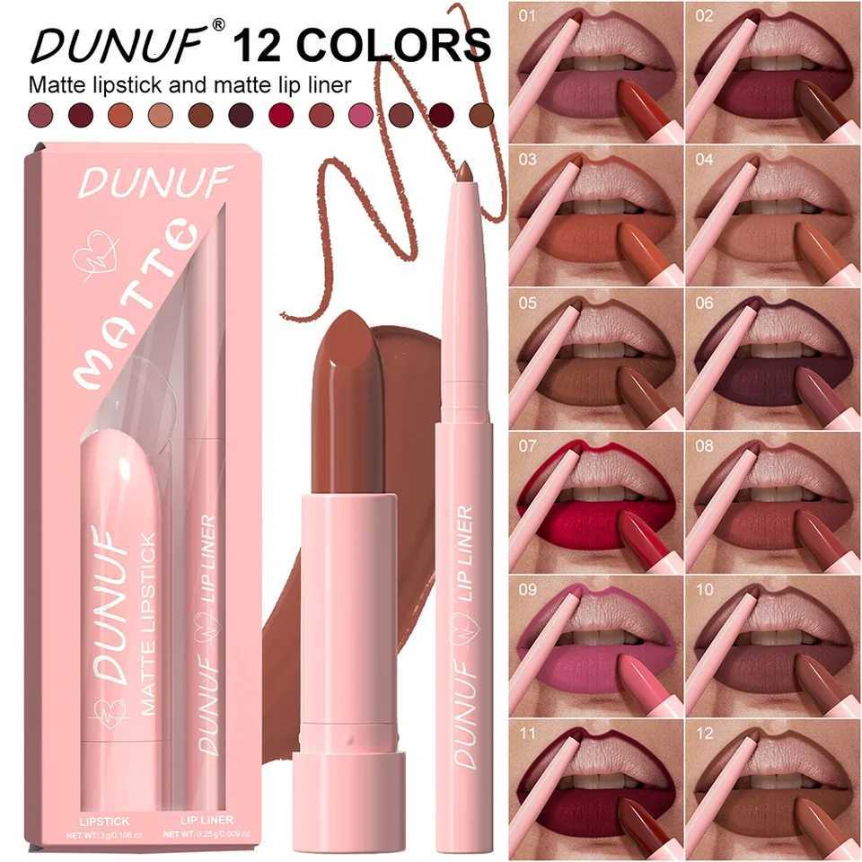 Waterproof Matte Lip Liner and Lipstick Set - Red Brown Contours Long-Lasting Non-Sticky Hydrating Lip Makeup G250729