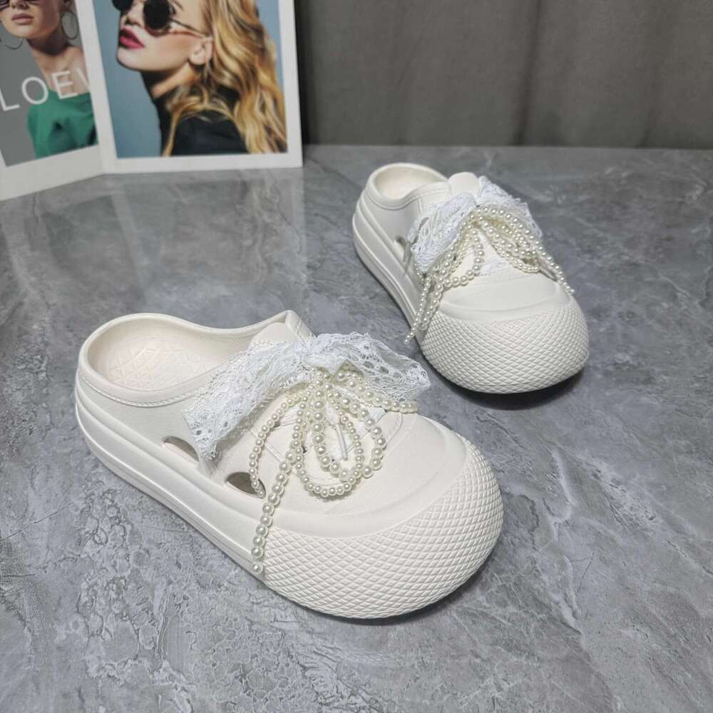 TK2025 New Summer Lace Pearl Personality Lace-up Hole Shoes Beach Soft Sole Sandals