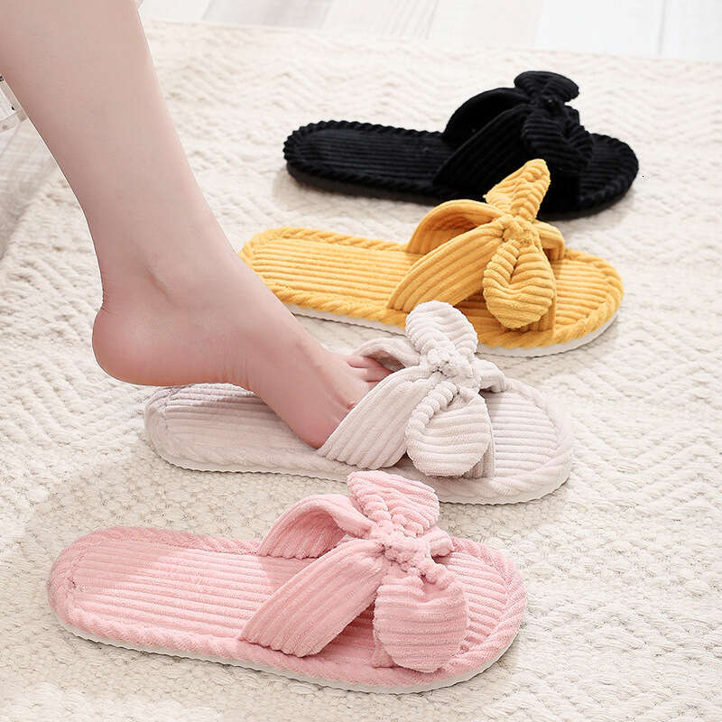Butterfly Knot Women's Autumn Winter Indoor Outdoor Thick Sole Warm Plush Maternity Shoes One Word Open Toe Cotton Slippers