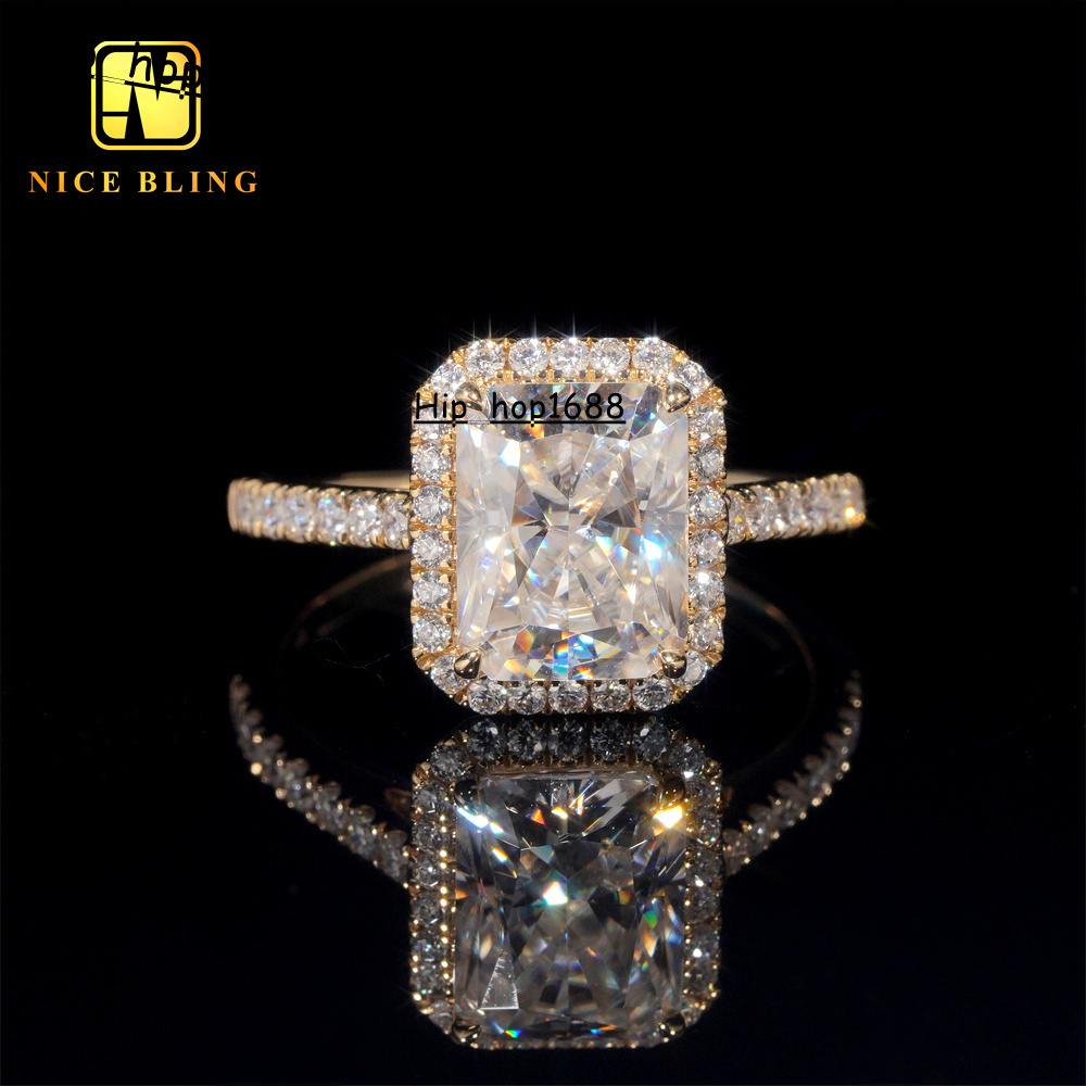 14K Solid Yellow Gold Diamonds Cluster Radiant Cut Design VVS Moissanite Diamond Engagement Wedding Ring