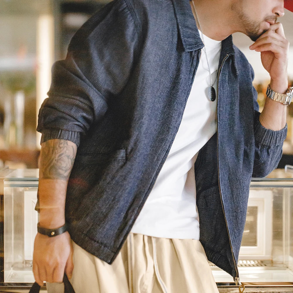 Maden Vintage Denim Jacket Loose Fit Lapel Zipper for Mens Spring and Autumn Fashion Short Blue Versatile Coats 250730