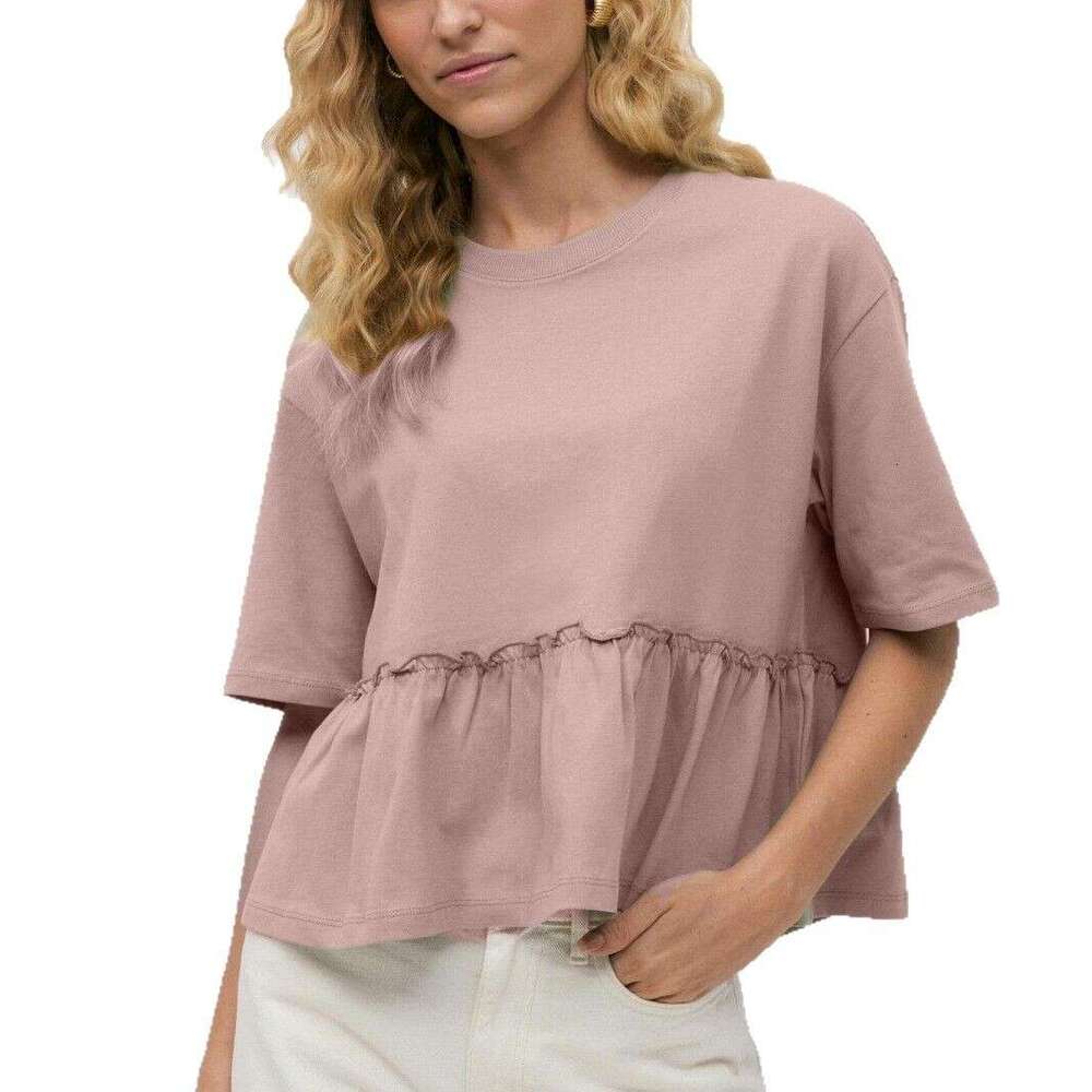 Spring Summer New Style Pure Cotton Round Neck Pleated T-Shirt For Women Soft Loose Casual Versatile Top B5