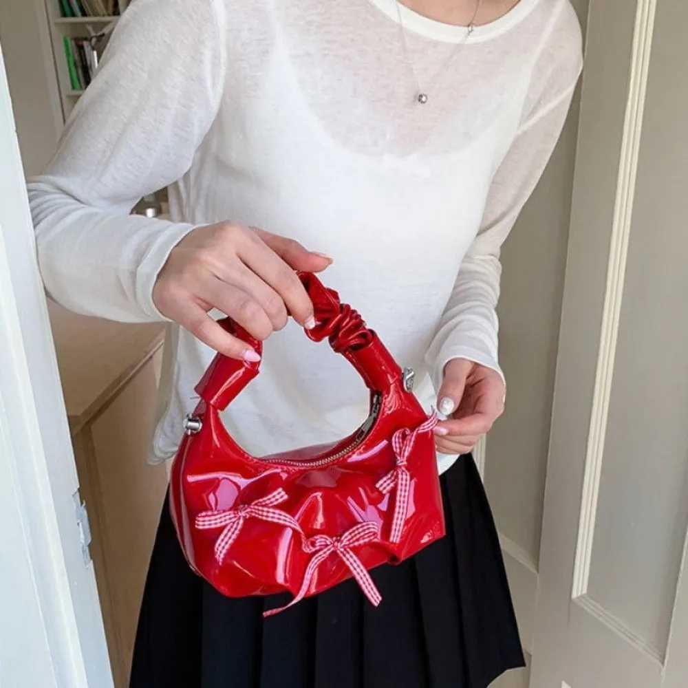 Fashion Korean Bow Ribbon Bags Pu Leather Cloud Pleated Shoulder Bag Small Sweet Women Handbags Y250729