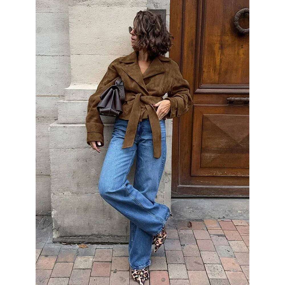 Retro Brown Lace Up Shorts Suede Jacket Elegant Female Lapel Long Sleeves Slim Coats Autumn Chic Lady High Street Outwear