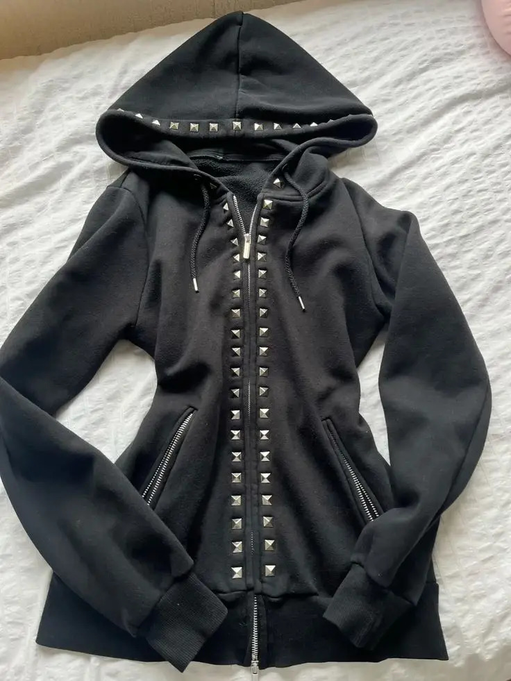 Y2K Emo Fashion Rivet Zipper Hoodie Women Harajuku Black Oversized Gothic Retro Classic Sweatshirt Autumn Clothing 250730