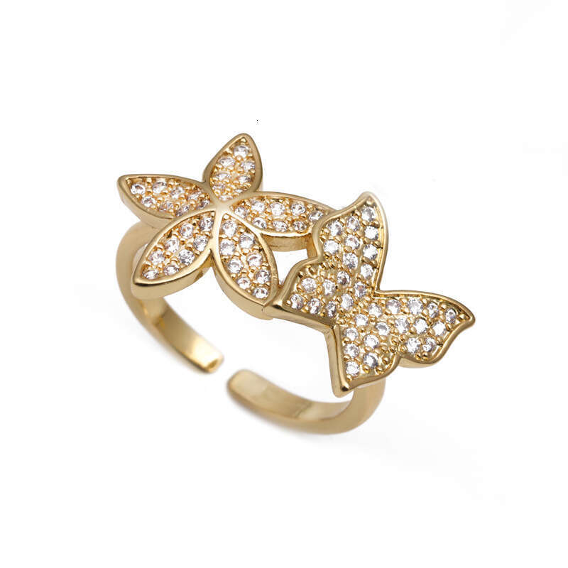 Minimalist Copper Gold-Plated Micro-Inlaid Zircon Korean and Japanese Style Butterfly Open Ring