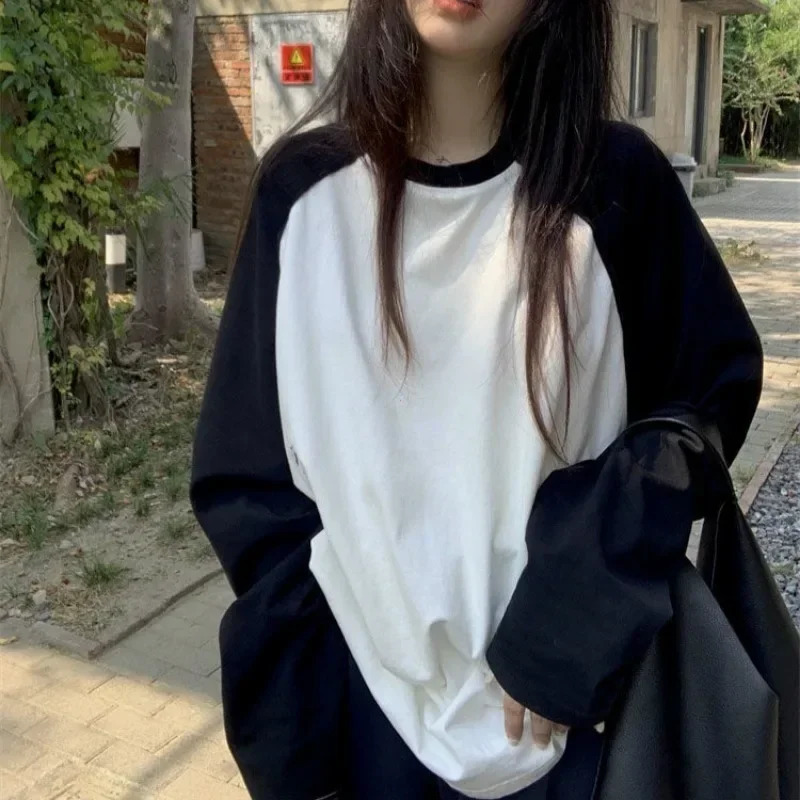 Casual Oversized TShirt Y2K Tops Harajuku Long Sleeve ONeck TShirts Spring Autumn Black White Patchwork Tees Women Streetwear 250729