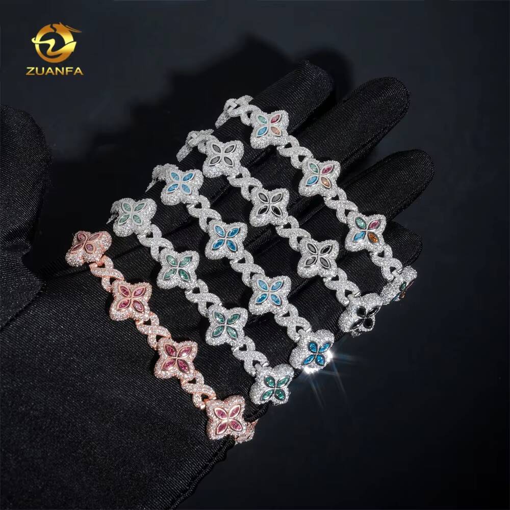 Hot Selling Colorful Hip Hop Iced Out Jewelry 15mm 925 Silver Clover Cuban Moissanite Infinity Link Bracelet for Men