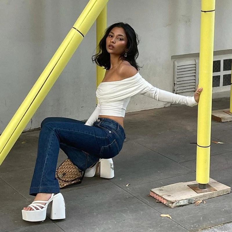 Candy Sexy Off Shoulder Ruched Solid Crop Tee Fashion Casual Long Sleeve Tees Daily Outdoor Dating Wear Ladies Tops 250729