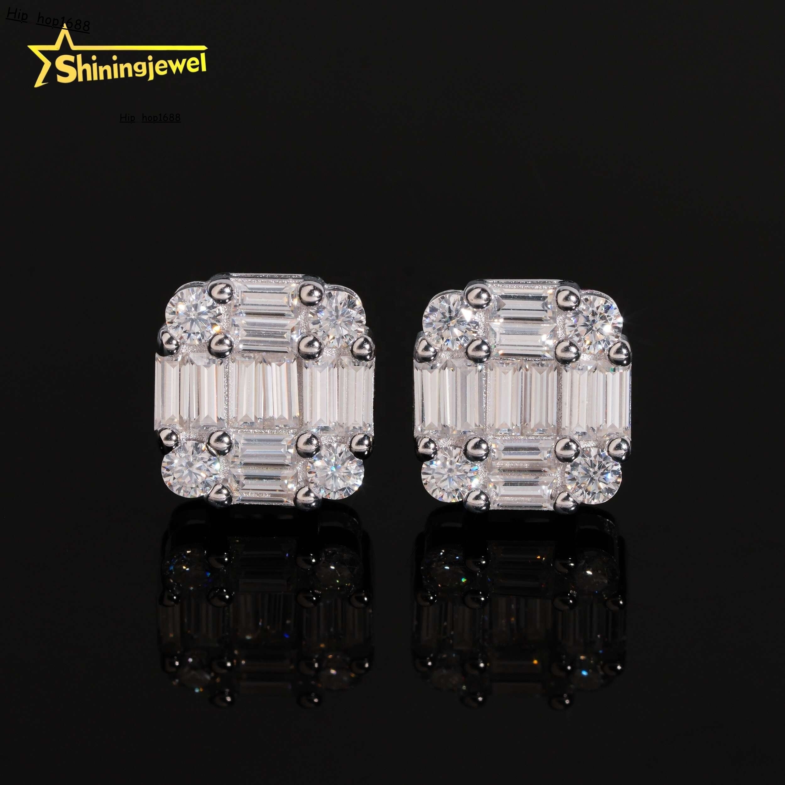 New Arrival Hip Hop Design Baguette Diamond 925 Sterling Silver VVS Iced Out Moissanite Stud Earrings for Men