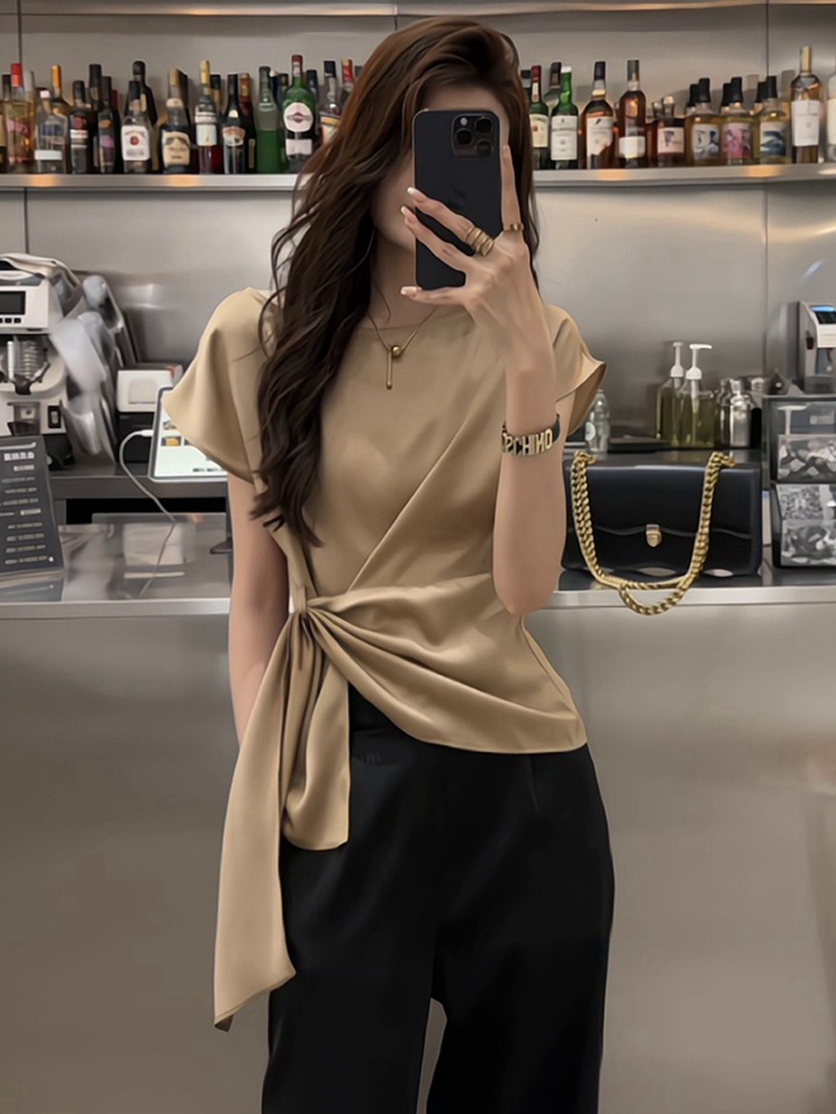 2025 French style lightweight luxury acetate satin women's T-shirt top high-end style summer new elegant waistband fashion shirt new designer T-s