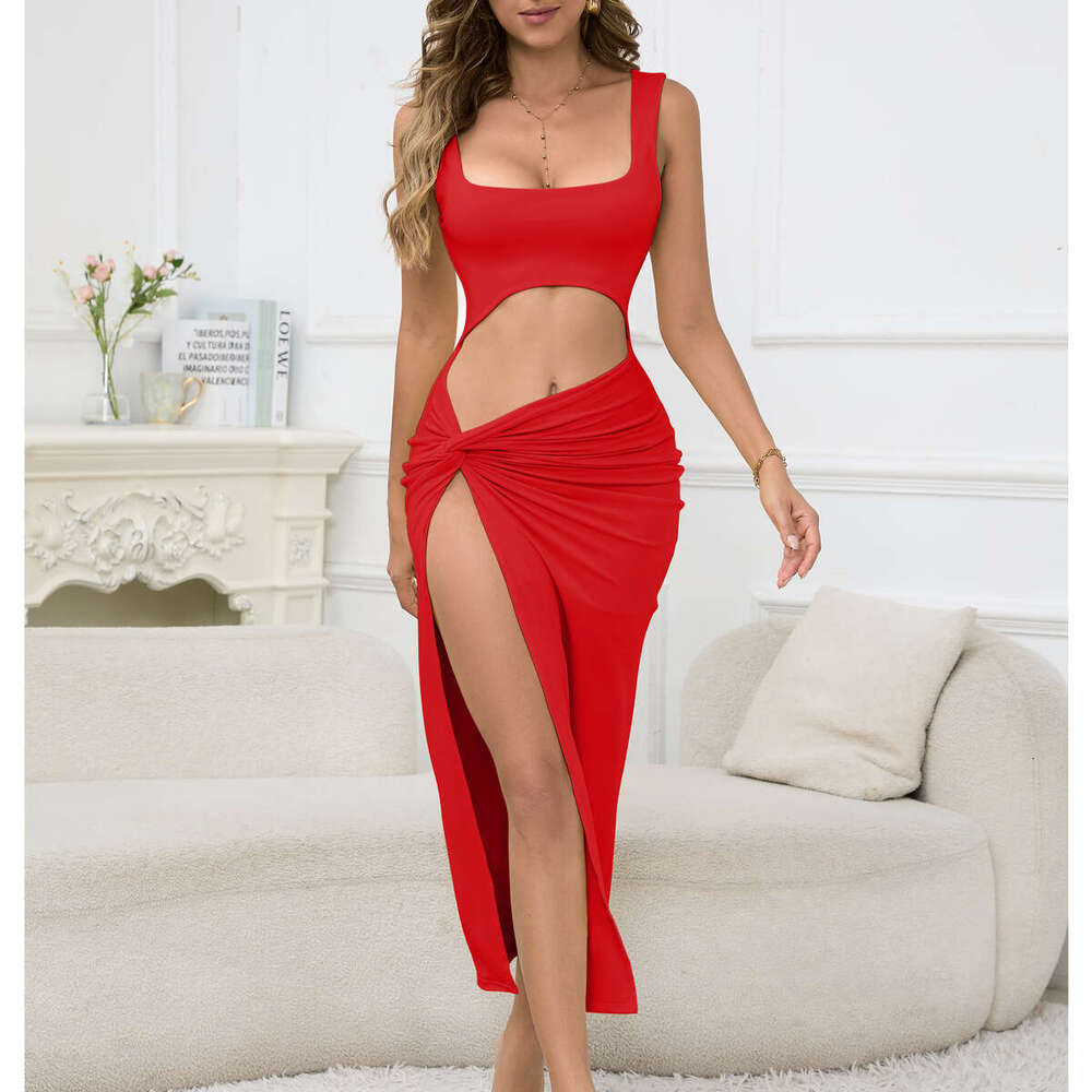 Women's Long New Style Spaghetti Strap Solid Color Hollow Out Sexy Dress B5