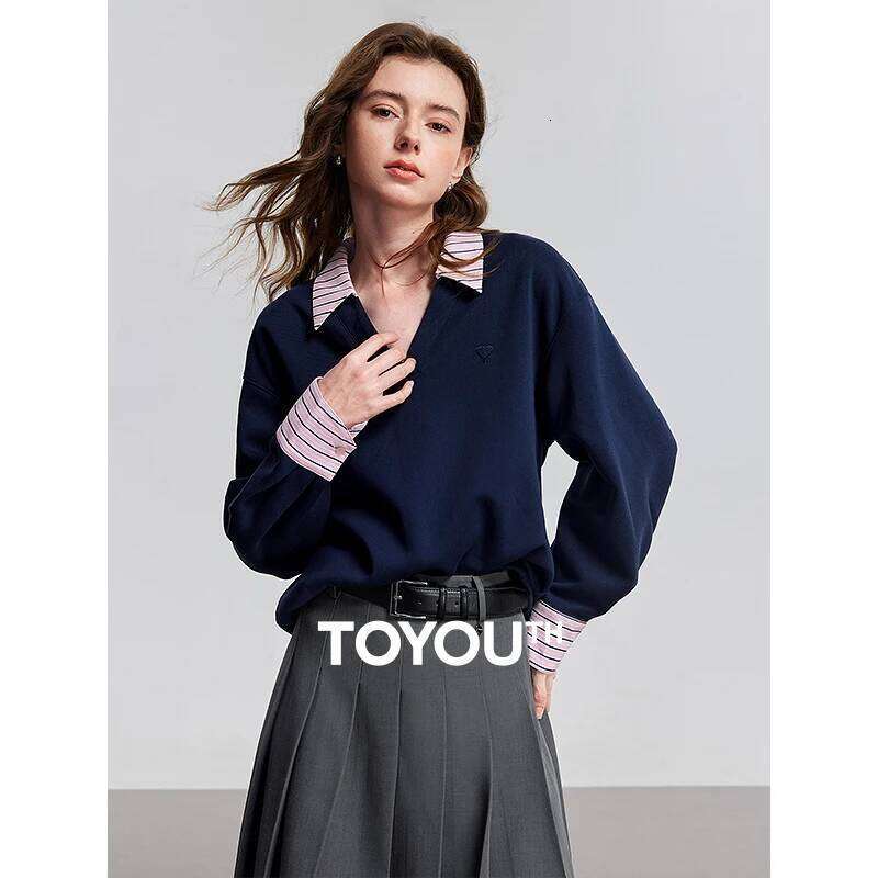 TOYOUTH Women Hoodies Sweatshirt 2025 Spring New V Neck Contrasting Color Splicing Fake Two Piece Pullover Tops 250728