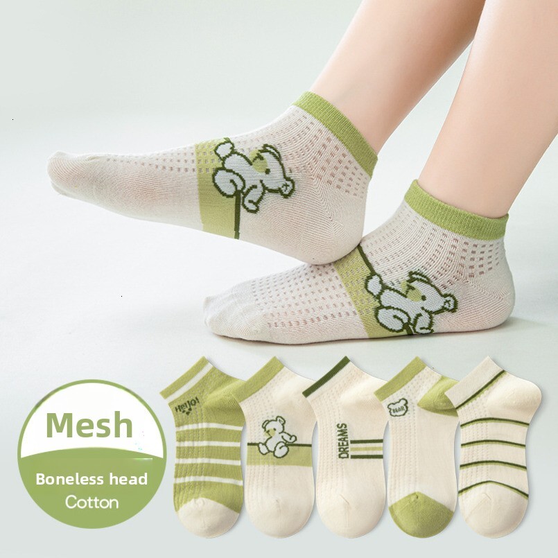 5 Pairs of Pure Cotton Children's Summer Thin Imitation Seamless Mesh Boat Breathable Cartoon Bear Car Socks