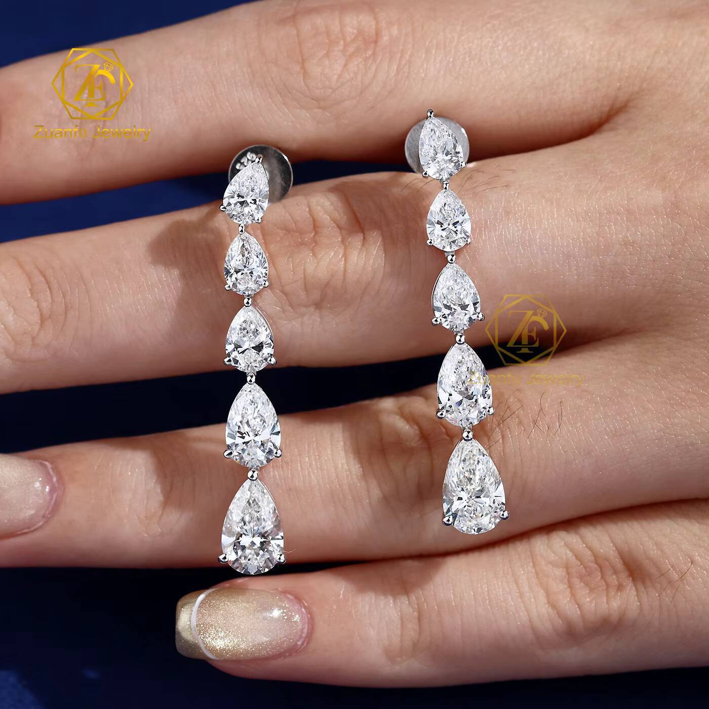 Fine Jewelry 14k White Gold Gradient DEF Color Pear Brilliant Cut LAB Diamond Stud Long Earrings Women Jewelry Gift