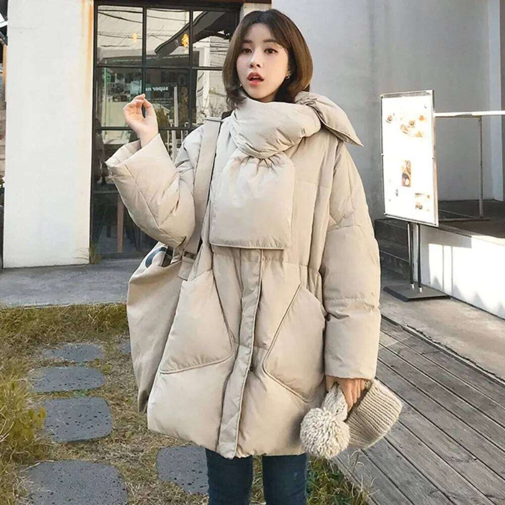 Designer Clothing 2025 Women White Duck Down Coat 2024 Winter New Fashion Female Scarf Oversize Jackets Round Neck Loose Thicken Parkas Warm Outwear