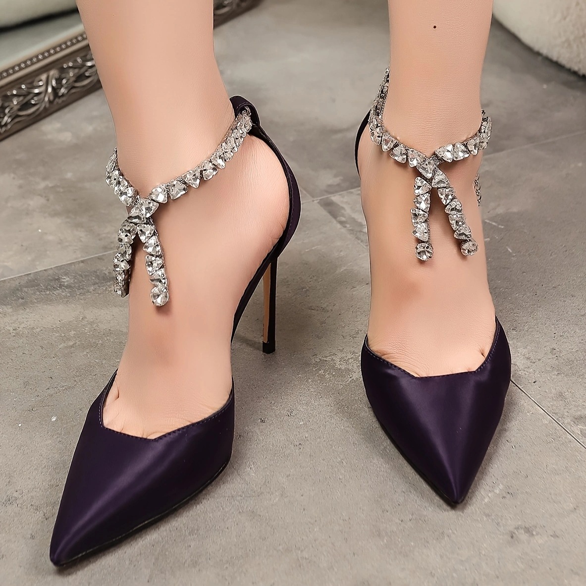 2025 New Women's Purple Satin Crystal Stiletto Sandals - 8cm/10cm Ultra High Heel Pointed Toe Dress Sandals