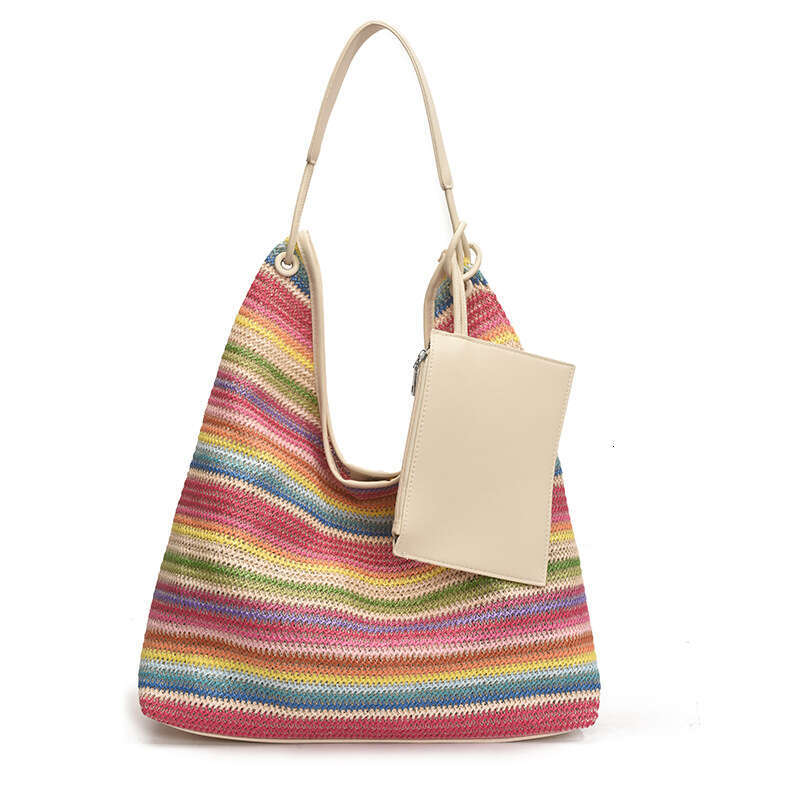 Tote Women's New Style Woven Color Stripe Shoulder Handbag Straw Vacation Beach Bag