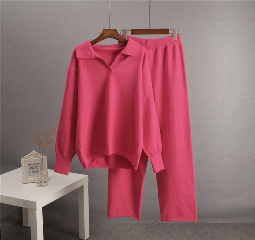 Autumn Winter Solid Color Lapel Women's Loose Knitted Polo Collar Sweater Wide Leg Pants Two Piece Set B5