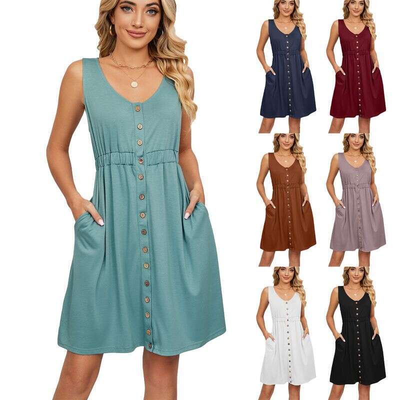 Women's Clothing Casual Solid Sleeveless Button Pocket Round Neck Split Waist Dress