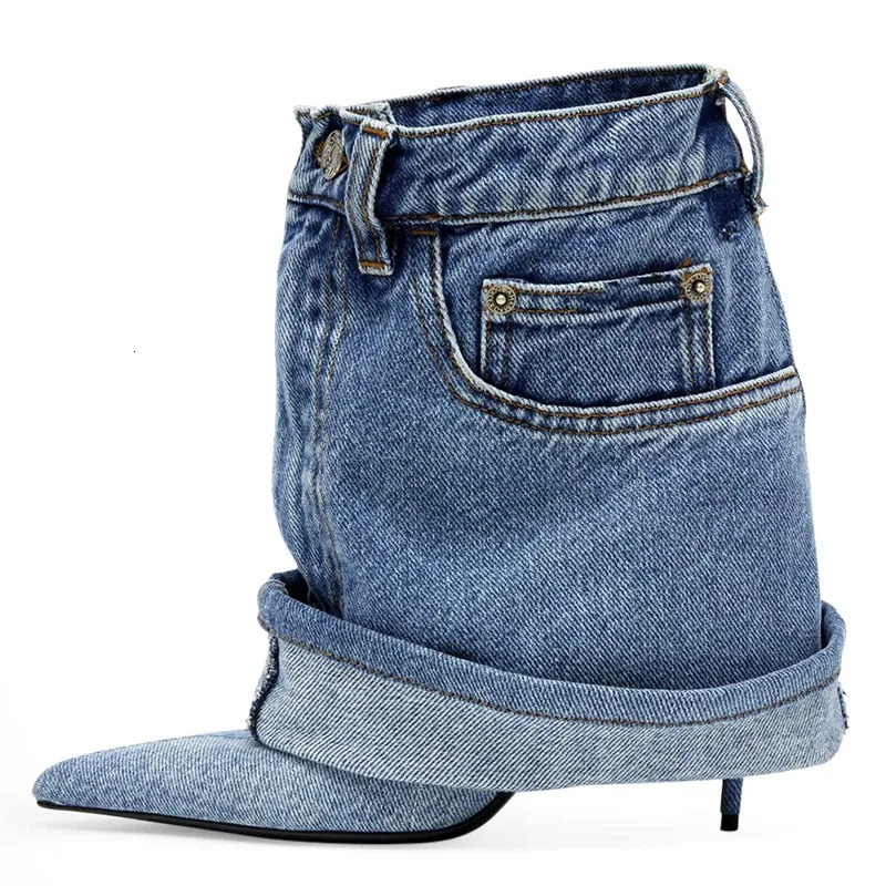 Blue Denim Slim Heel Cuffed Short Boots Rivet Pocket n Pointed Toe Metal Buckle High Heel Fashion Large Size 45 Women Boots 250729