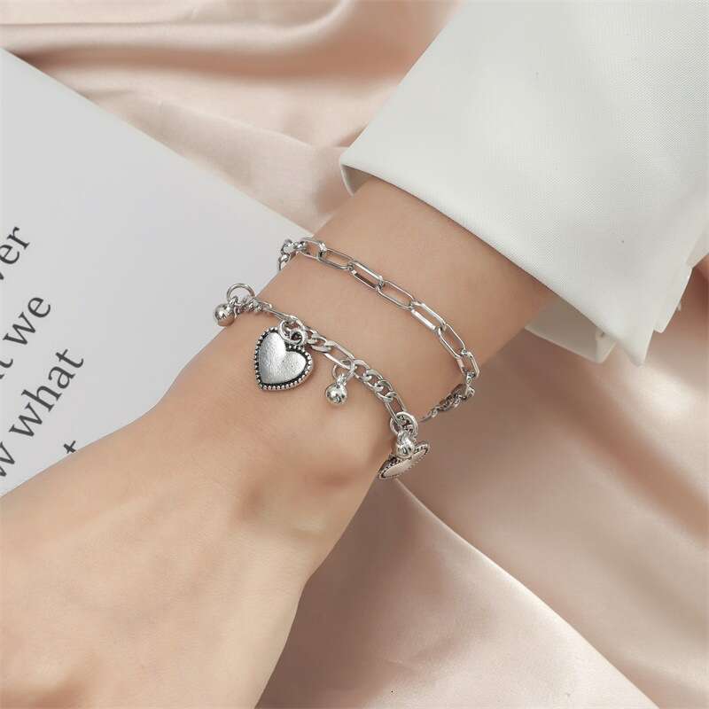Double Layer Heart Couple Ins Cold Style Hip Hop Personality Round Bead Chain Bracelet