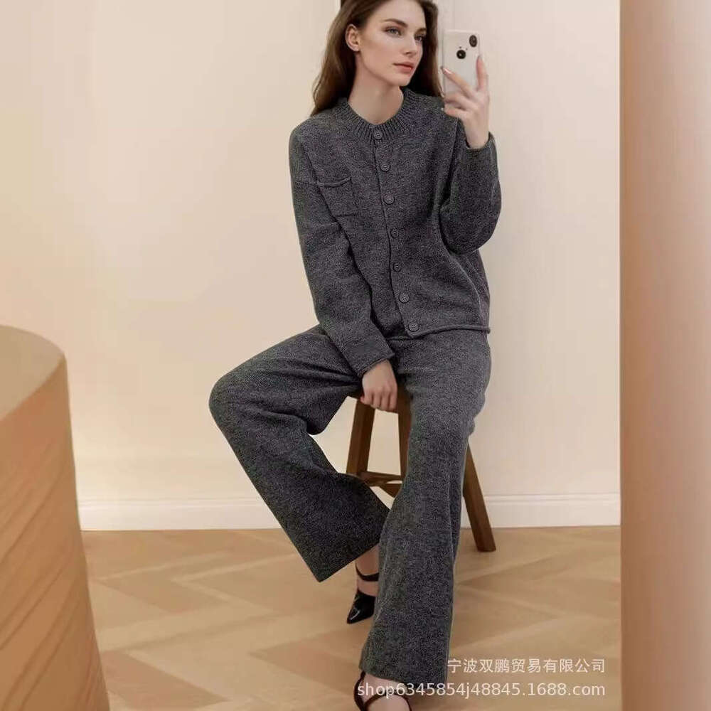 Autumn Winter New Loose Knitted Suit For Women Round Neck Cardigan Sweater + Wide Leg Pants B5