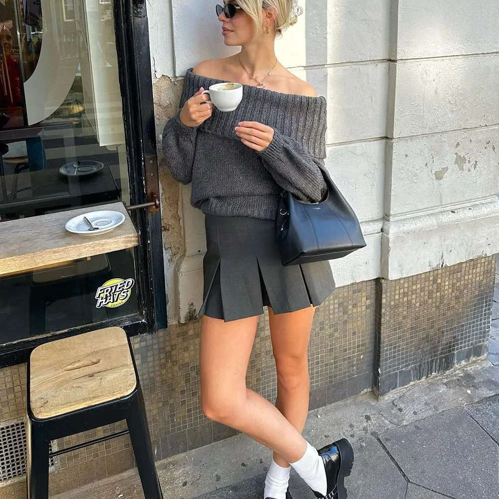 Womens Fashion Solid Off Shoulder Sweaters Casual Long Sleeve Folded Slim Fit Pullover Autumn Female Sexy Knitted Tops 250723