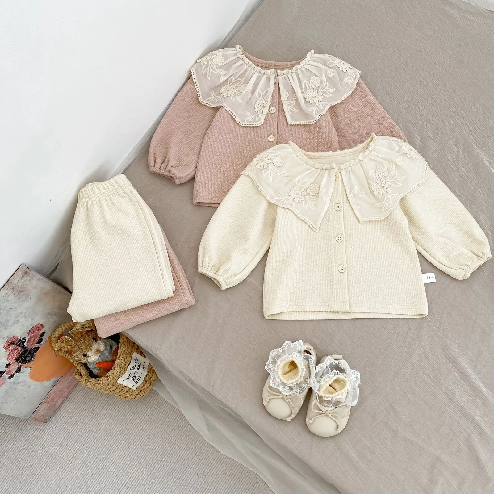 Baby Clothing Spring Girls Long Sleeve Suit Cotton Lace Collar Cardigan Pant Two-piece Suit 250729