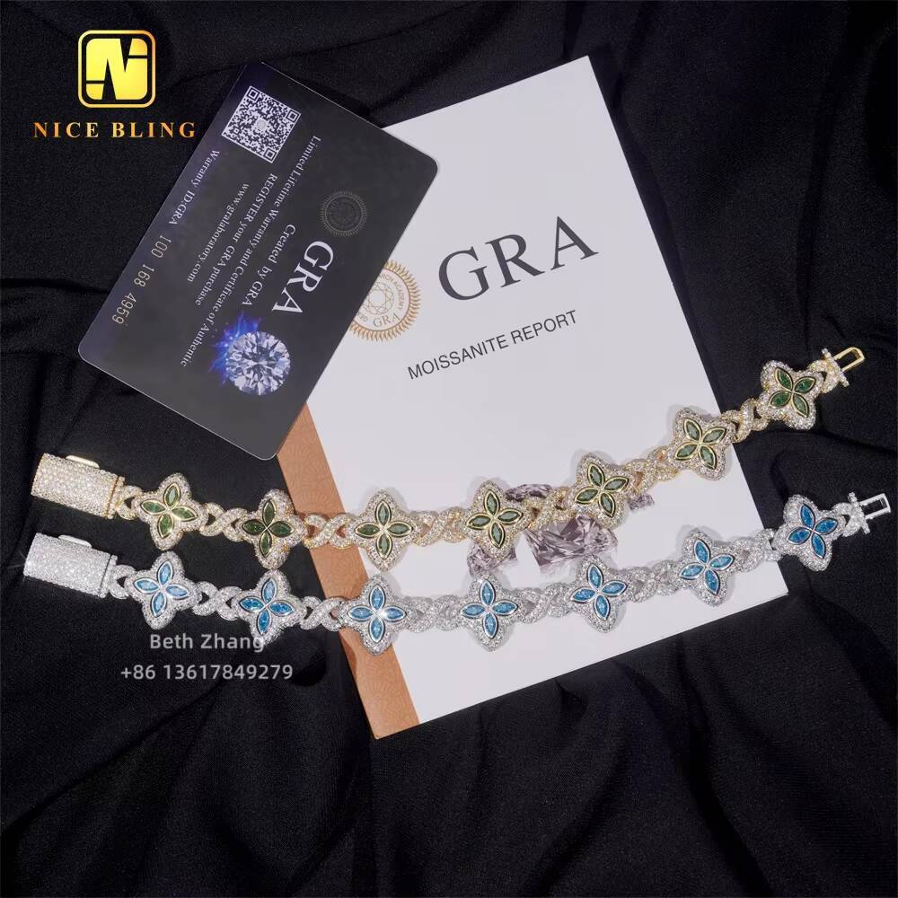 New Arrival Colorful Natural Gemstones Cuban Link Bracelet Fashion Hip Hop Jewelry Silver Marquise Moissanite Cuban Bracelet