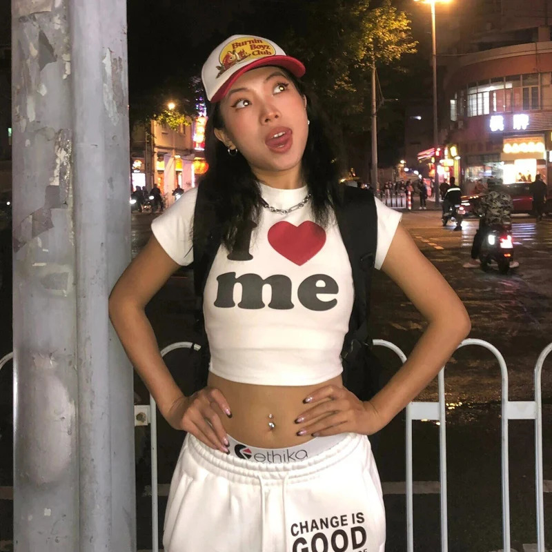 I Love ME letters Print Y2K Harajuku Crop Top Tshirt Summer Women clothes Sexy Tshirt Vintage 2000s short sleeve Crop Tops 250724