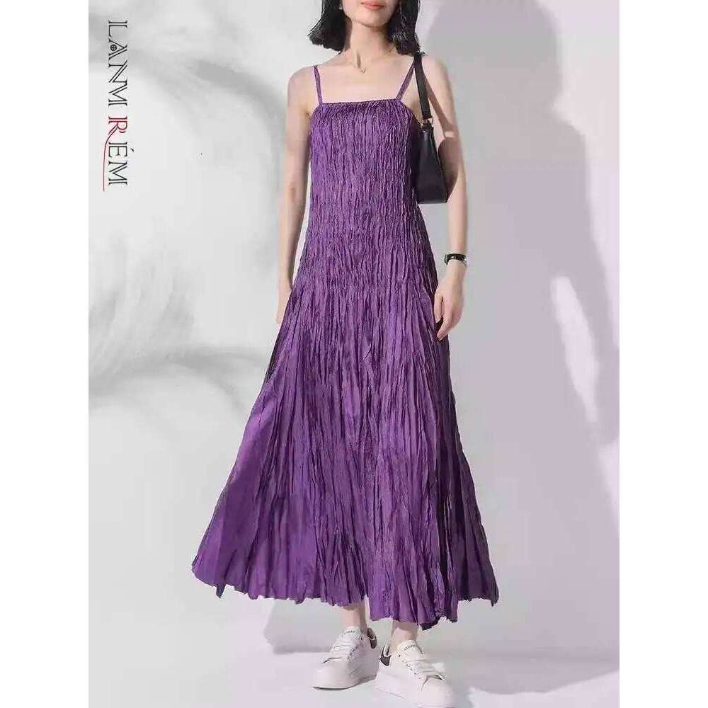 Fashion Handmade Strap Dress For Women High Waist Solid Color Pleated Sling Long Dresses Female Summer New