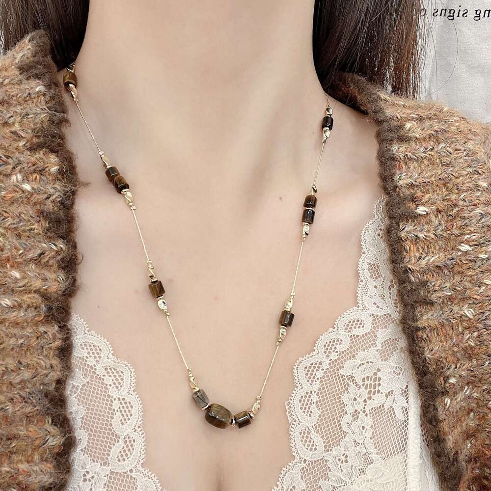 Exquisite Fashionable Melad Coffee Color Tiger Eye Stone Snake Bone Necklace High-end Niche Women's Metal Long Sweater Chain 1de