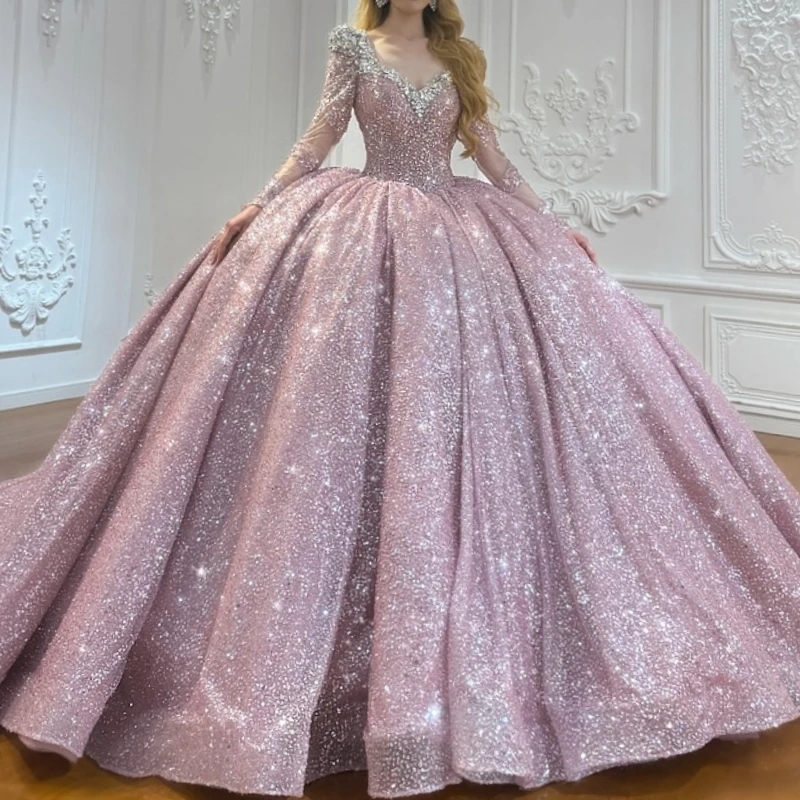 Pink Shiny Princess Quinceanera Dresses Sequined Beads Tull Long Sleeves Sweet 16 Dress Off Shoulder Ball Gown Vestidos 15 Anos